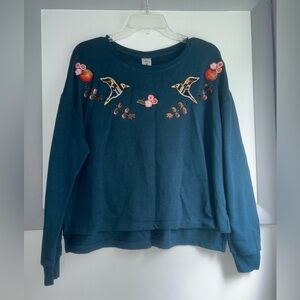 Teal Sweatshirt with Bird and Floral Embroidery, Large